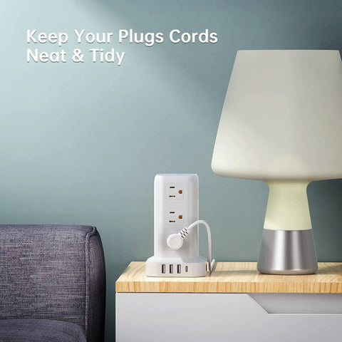 Tower Surge Protector Power Strip With 12 Outlets 4 USB Ports Including USB C 6.5 Foot Extension Cord 16 In 1 Charging Station on table