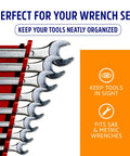 12 Piece Reversible Red Wrench Rack Wrench Organizer For Tool Box Storage Easy Access Keeps Wrenches In Place And Grab And Go Ready Durable Steel Construction Fits 12 Or 15 Piece Sets Ideal For Shop Garage Home Mechanics shown holding wrenches