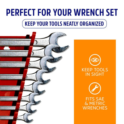12 Piece Reversible Red Wrench Rack Wrench Organizer For Tool Box Storage Easy Access Keeps Wrenches In Place And Grab And Go Ready Durable Steel Construction Fits 12 Or 15 Piece Sets Ideal For Shop Garage Home Mechanics shown holding wrenches