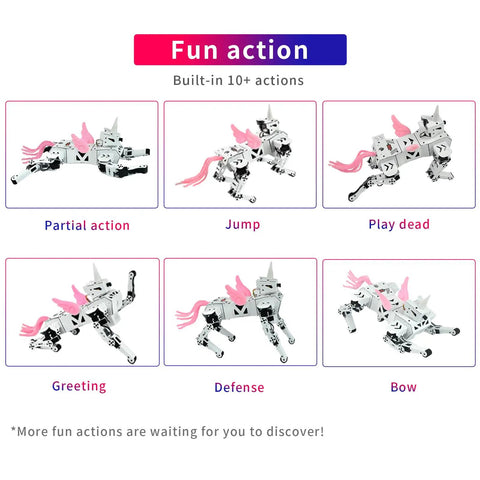 Unicorn Inspired Dope Remote Control Robotic Kit With Voice Control App Control FPV 13DOF Programmable Bionic Pet Toy For Teens And Adults ESP32 Open Source Educational Project showing 10+ actions