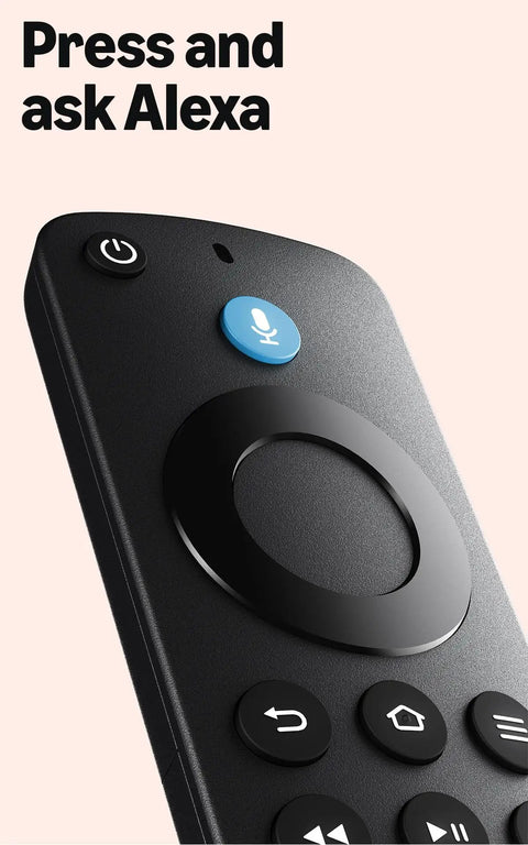 Next Level 4K Streaming Device With AI Powered Search And Wifi 6E Support remote with voice control button and interface.