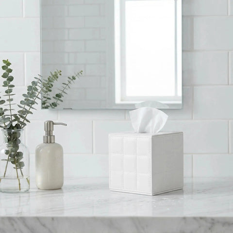 Leather Square Tissue Box Cover With Magnetic Closure For Bathroom Vanity And Desk Modern White Grid Organizer Decorative Tissue Holder