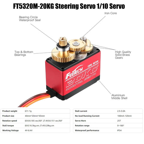 FT5320M-20KG 1/10 steering servo with iron core, waterproof seal, and full metal gears.