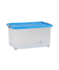 Ready To Roll Plastic Storage Crate With Secure Snap Top Lid For Home Garage Organization Heavy Duty 55 Liter Multi Color Hauling Tote Bin Built To Rock And Roll, clear tub with blue lid.