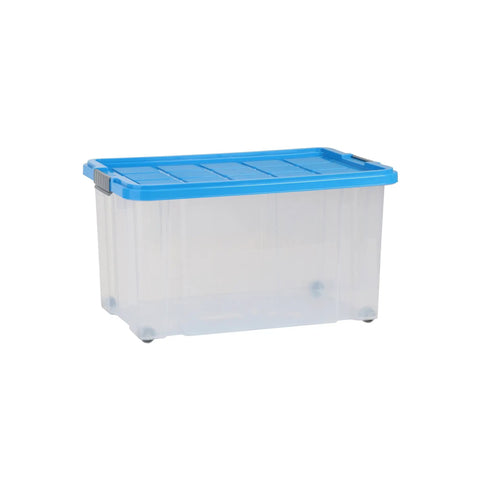 Ready To Roll Plastic Storage Crate With Secure Snap Top Lid For Home Garage Organization Heavy Duty 55 Liter Multi Color Hauling Tote Bin Built To Rock And Roll, clear tub with blue lid.