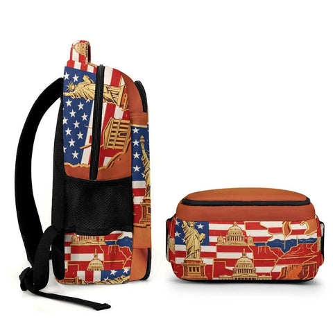 Side view of Unisex Flag And National Landmarks Printed Backpack, huge capacity daypack for travel, school, or everyday use