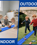 Kids playing with 15 Ft Flexible Race Track Kit For 1:64 Diecast Cars both indoors on a table and outdoors on grass
