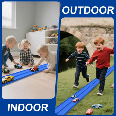 Kids playing with 15 Ft Flexible Race Track Kit For 1:64 Diecast Cars both indoors on a table and outdoors on grass