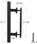 Heavy Duty 12 Inch Pull And Flush Barn Door Handle Set, Tough As Nails Matte Black With Ultra Thin Backplate, Fits Doors Up To Two And Three Eighths Inches, Sliding Barn Door Hardware Pack Of 2, featuring detailed measurements.