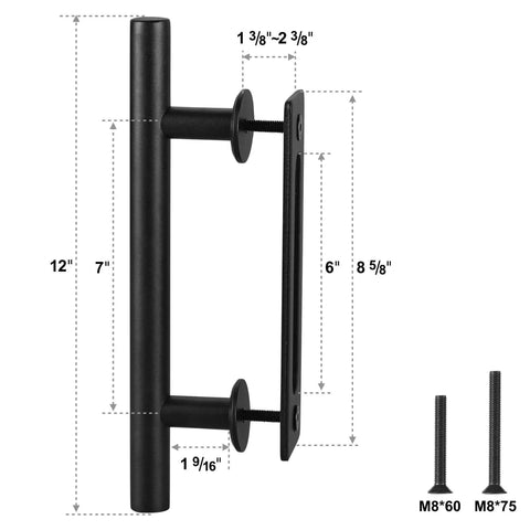 Heavy Duty 12 Inch Pull And Flush Barn Door Handle Set, Tough As Nails Matte Black With Ultra Thin Backplate, Fits Doors Up To Two And Three Eighths Inches, Sliding Barn Door Hardware Pack Of 2, featuring detailed measurements.