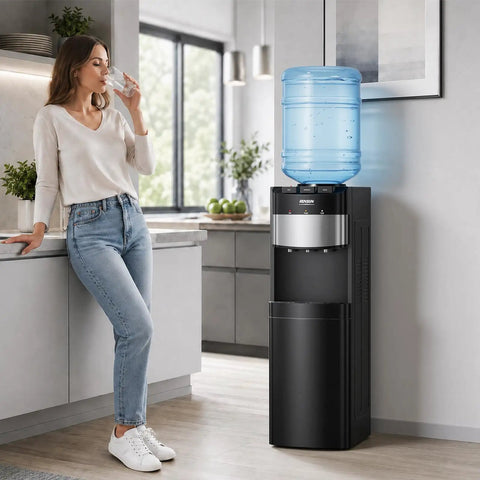 Top Loading Water Cooler Dispenser With Three Temperature Settings, 3L Cold Tank And 1L Hot Tank in a modern kitchen