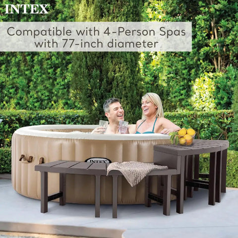 Two Pack PureSpa Accessory Benches For Four Person Spas next to spa with people, flat storage for towels and drinks