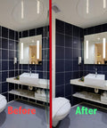 Bathroom before and after using 3 In 1 Silicone Caulking Tool Kit With Stainless Steel Head Pro Grade showing clean tile gaps.