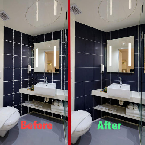 Bathroom before and after using 3 In 1 Silicone Caulking Tool Kit With Stainless Steel Head Pro Grade showing clean tile gaps.