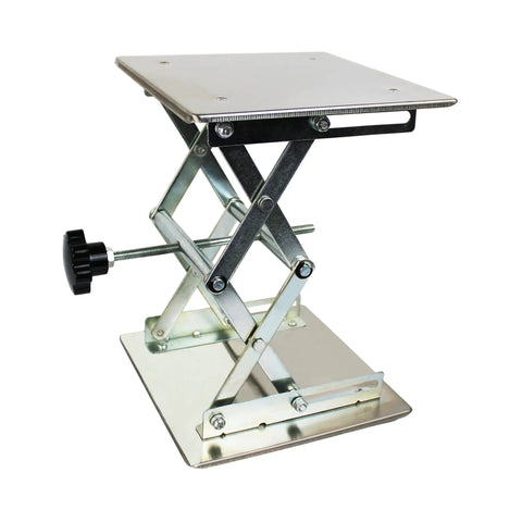 Heavy Duty Stainless Steel Scissor Lift Table For Labs, 12x12 inch platform, rises to 18 inches with smooth adjustable height.