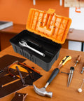 Rugged Multilayer Plastic Toolbox With A Secure Snap Latch And Spacious Yet Compact Shape showing open toolbox with wrench inside.