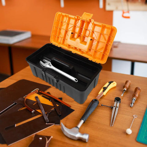 Rugged Multilayer Plastic Toolbox With A Secure Snap Latch And Spacious Yet Compact Shape showing open toolbox with wrench inside.