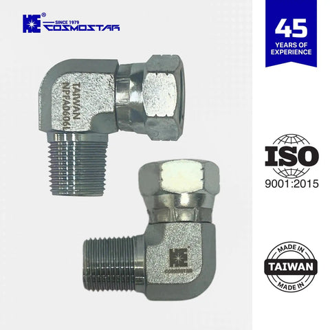 3/8 Inch NPTF Male X 3/8 Inch NPSM Pipe Swivel Elbow 90 Degree Hydraulic Adapter For Hoses And Valves Carbon Steel With Zinc Plating Heavy Duty And Rust Resistant, angled view