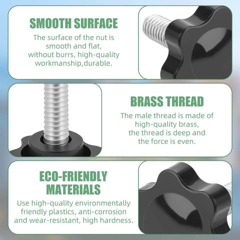 Durable Black Star Knobs With 1/4-20 Thread, Knurled Thumb Nuts; close-up of smooth carbon steel star grip and brass thread