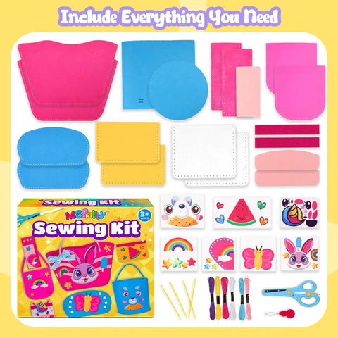 Kids Sewing Kit For Beginners With 7 DIY Projects Like Unicorn Coin Purse Rainbow Crossbody Bag Butterfly Pouch Card Holder