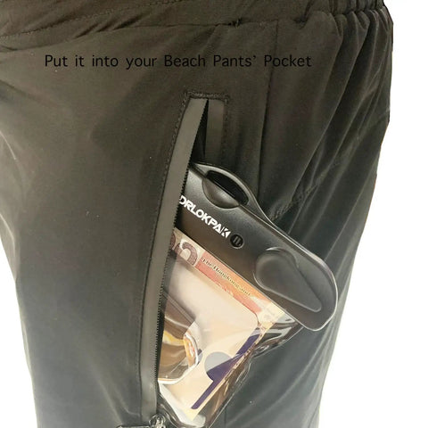 IPX8 Submersible Waterproof Wallet And Key Fob Case Pouch in beach pants pocket with visible currency