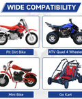Image showing wide compatibility for Universal 1.1 Inch Slip On Exhaust Muffler Silencer, includes pit dirt bike, ATV quad, mini bike, go-kart.