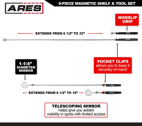 Telescoping mirror from 9 Piece Shelf and Tool Set With Magnetic Shelves Magnetic Tray Pick Up Tool Telescoping Mirror And Hook Set shown with extension sizes, nonslip grip, and pocket clip.