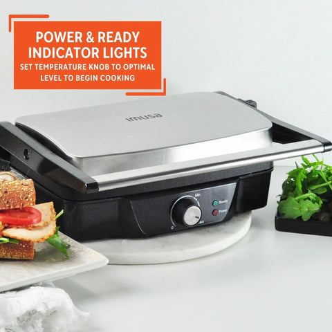 Imusa Electric Panini Press Griddle with Non Stick Cast Aluminum Plates, 1200 Watt, temperature control, gourmet sandwiches.