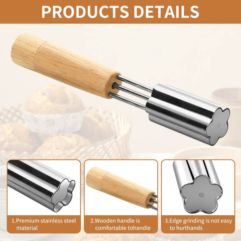 Crisp Flower Tip Cupcake Corer With Heavy Duty Plunger Handle For Carving Perfect Centers In Muffins And Cake Rounds shown with a wooden handle.