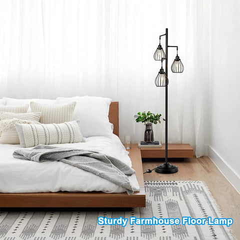 Industrial Tree Floor Lamp With Three Teardrop Cage Heads And ST58 Edison LED Bulbs, tall vintage pole light in bedroom setting.