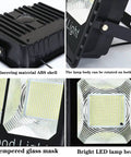 JUDYSSY Solar Flood Light60W100W200W close-up of ABS shell, adjustable lamp body, tempered glass mask, and LED lamp beads.
