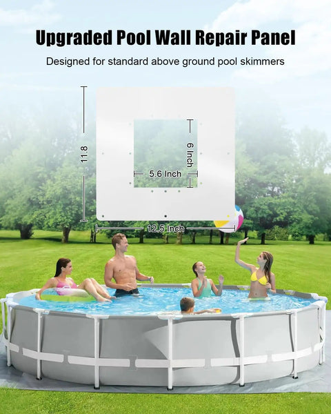 Family enjoying above-ground pool with diagram of Upgraded Pool Wall Repair Panel For Above Ground Pools highlighted.