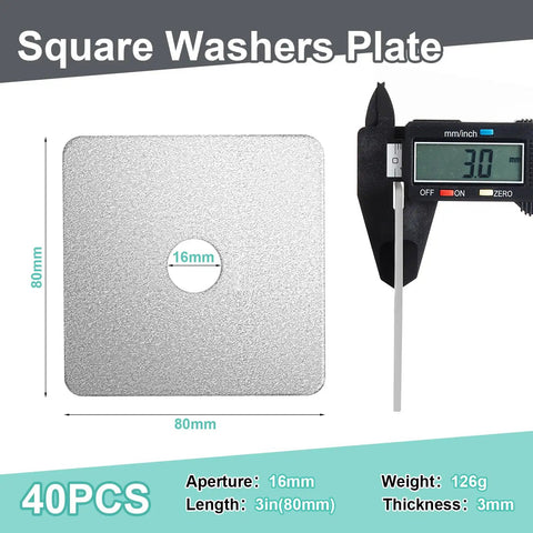 Heavy Duty Galvanized Square Washers Set Forty Pieces Inner Diameter Five Eighth Inch Outer Diameter Three By Three Inches Thickness One Eighth Inch Flat Gasket Fasteners For Construction And Industrial Equipment Anti Loosening, square washer displayed with caliper measurement.