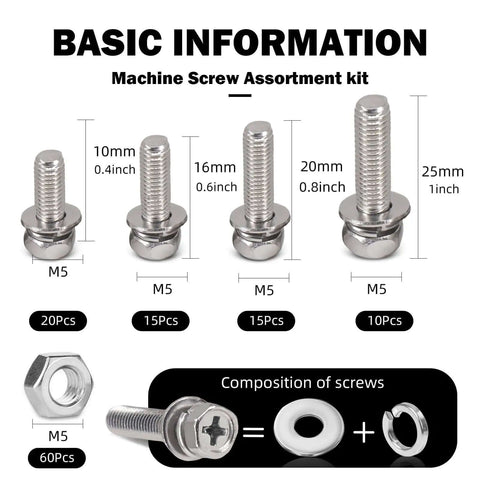 Heavy Duty M5 Screws And Nuts Set 260 Piece Stainless Steel Kit With Washers Hex Head Bolts And Nuts Sizes 10mm to 25mm