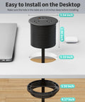 Dual Sided Desk Grommet Power Strip With Four AC Outlets And Three USB Ports Including Two Type C Connectors installation view with measurements.