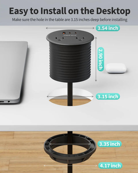 Dual Sided Desk Grommet Power Strip With Four AC Outlets And Three USB Ports Including Two Type C Connectors installation view with measurements.