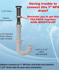Diagram showing connection tips for Stainless Steel Bar Sink Drain 1 Inch NPS Fits One And Three Eighths Inch Sink Opening.