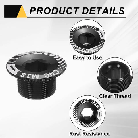 Two Pack M18 Aluminum Alloy Crank Cover Screws For Mountain Bike Crankset Bolts Black Durable Rustproof 7075 Aluminum Crank Fixing Bolts For Chainring Arm And Chainwheel Great For Bike Maintenance with product details showing CNC M18 design, ease of use, clear thread, and rust resistance.