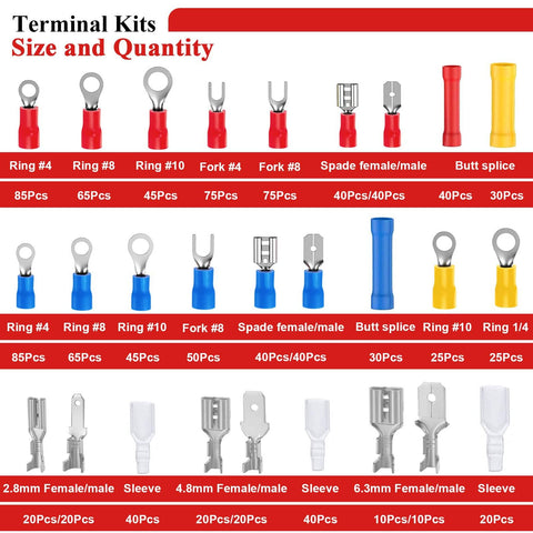 All In One 1100 Pcs Insulated Wire Connector Kit With Ring Butt Spade Fork Terminals Color Coded 22 To 10 AWG Red Blue Yellow
