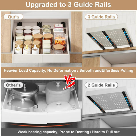 Kickass Pull Out Cabinet Organizer With No Sweat Adhesive Mount For Kitchens Expandable From Fourteen To Twenty One Inches Wide And Seventeen To Twenty Four Inches Deep Easy DIY Placement Total Space Saver For Cluttered Drawers comparison photo showing three guide rails vs two for better load capacity and drawer access.