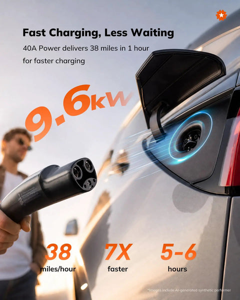 Zero Drama Level 2 EV Charger 40 Amp Nacs Connector Nema 14-50 Plug UL Certified 9.6Kw Output charging an electric vehicle.