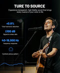 Performer using Smart UHF Wireless Microphone System for Live Shows with Dual Cordless Mics on stage, features displayed