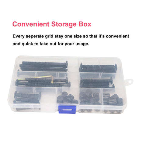 M6 Black Socket Cap Screws And Barrel Nut Hardware Kit 25 Piece Set in storage box showing varied lengths