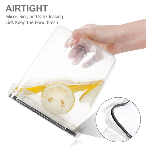 Hand holding airtight food storage container with lemons and a silicone ring, 7 piece BPA free kitchen canisters for pantry organization.