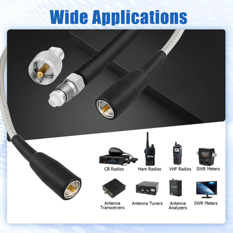 Removable UHF Connector Coax RG8X 10ft Low Loss Antenna Cable With Waterproof Boot PL259 Male To FME Female shown with applications.
