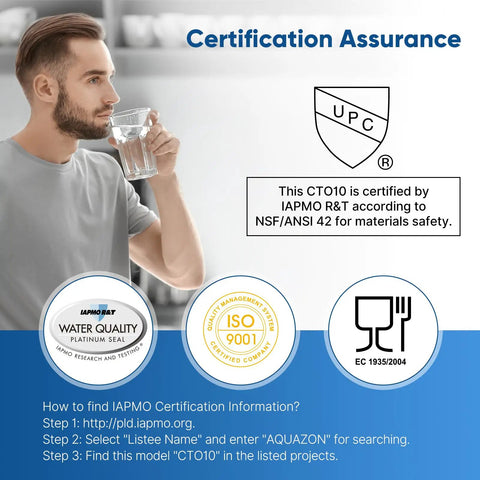 Man drinking water with certification assurance for 1 Micron 2.5 Inch By 10 Inch Whole House CTO Carbon Water Filter Cartridge Replacement