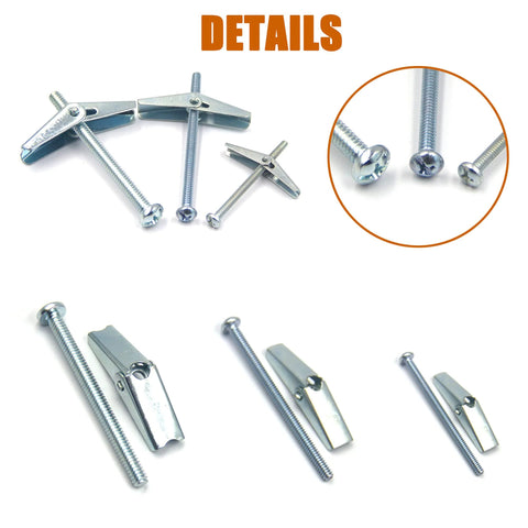 Toggle Bolt And Wing Nut Assortment Kit For Drywall Hanging Heavy Items One Eighth Inch Three Sixteenth Inch One Quarter Inch Twenty Four Pieces Zinc Plated Steel