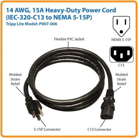 Heavy Duty 6 Foot 15 Amp Computer Power Cord 14 AWG 5To15P To IEC C13 For PC Monitor Laptop And More UL Listed Replacement 3 Prong AC Cable Built Tough And Ready For Home Office Gaming Gear. Black 14 AWG cord with 5-15P and C13 connectors