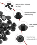 Real Gritty Chicago Screw Rivets 50 Pack M5 X 4mm Phillips Head Binding Screws For Badass Diy Leather Belt Bag Crafting And Bookbinding shows black carbon steel screws with smooth surfaces.