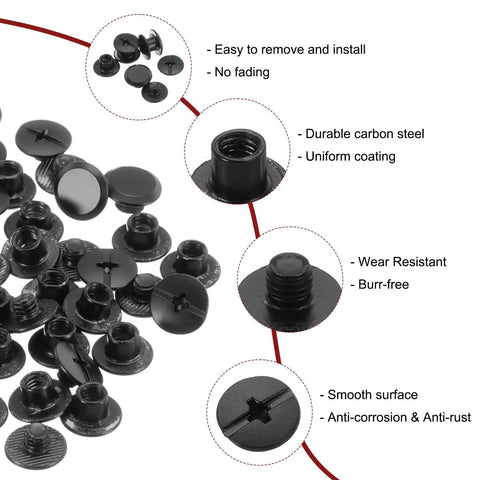 Real Gritty Chicago Screw Rivets 50 Pack M5 X 4mm Phillips Head Binding Screws For Badass Diy Leather Belt Bag Crafting And Bookbinding shows black carbon steel screws with smooth surfaces.